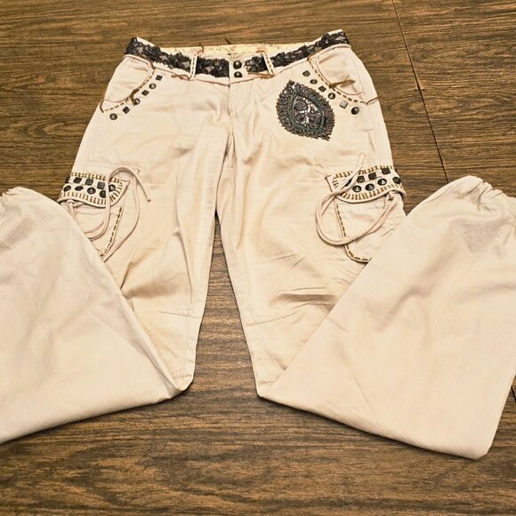 SPICE & ROSES Women's Beaded Drawstring 100% Cotton Cargo Pants - Beige - 12/14 - Picture 2 of 15